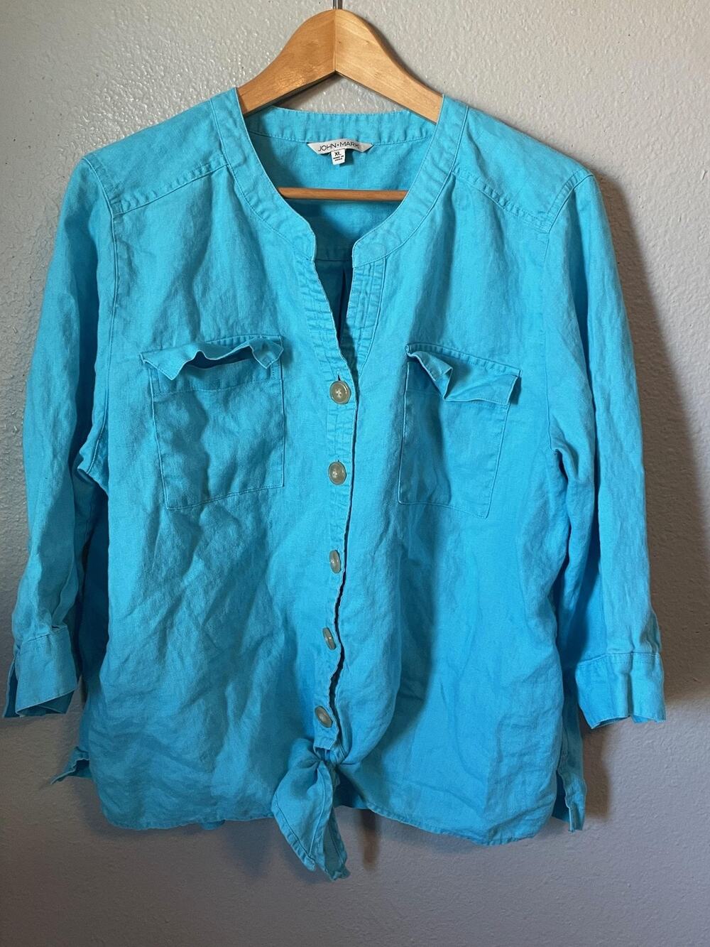 John Mark Womens Top XL Blue Linen Button Front Tie Hem Lagenlook Boho FLAW